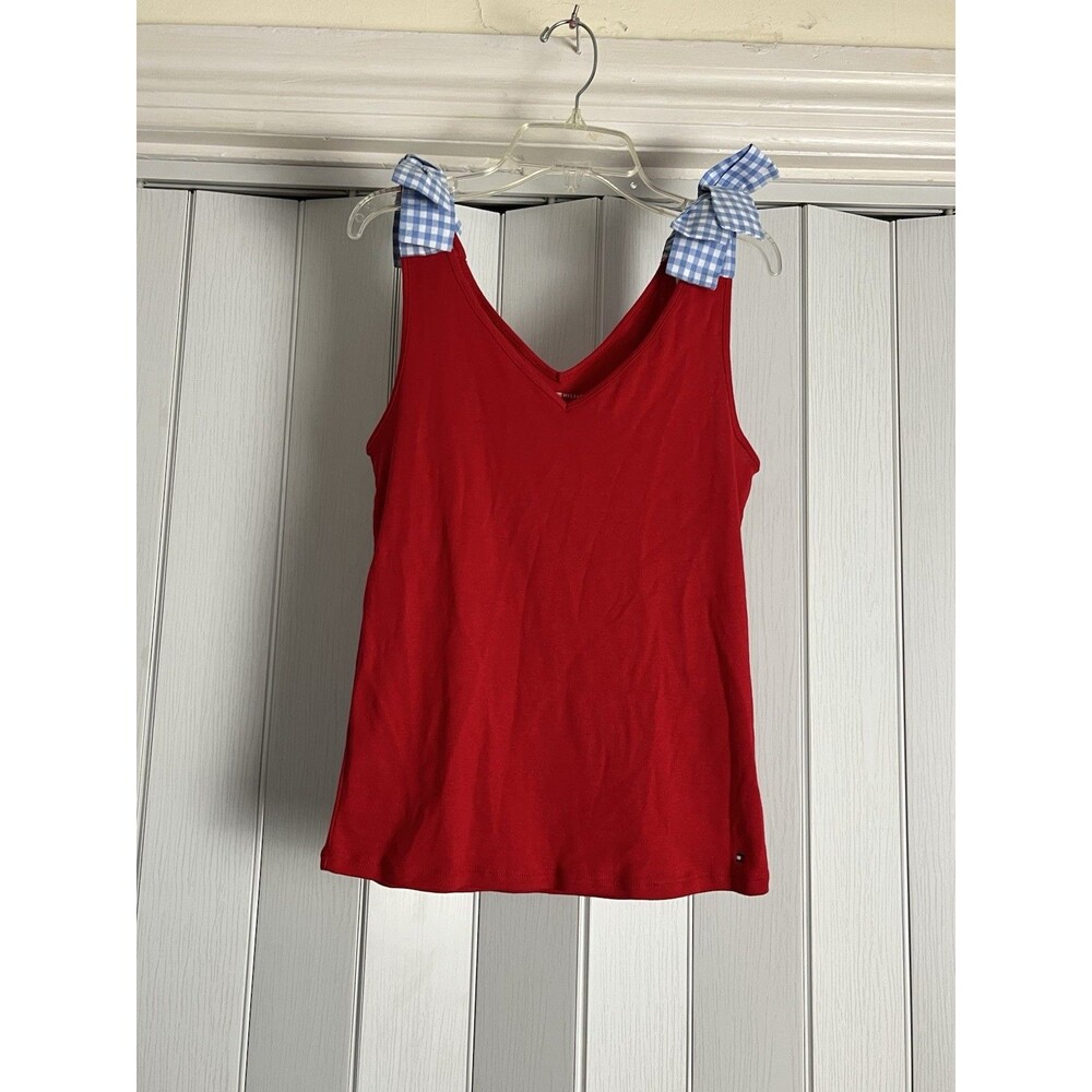 Tommy Hilfiger Tank Top S Navy With Gingham Bows V-Neck Cotton Cottage Coastal